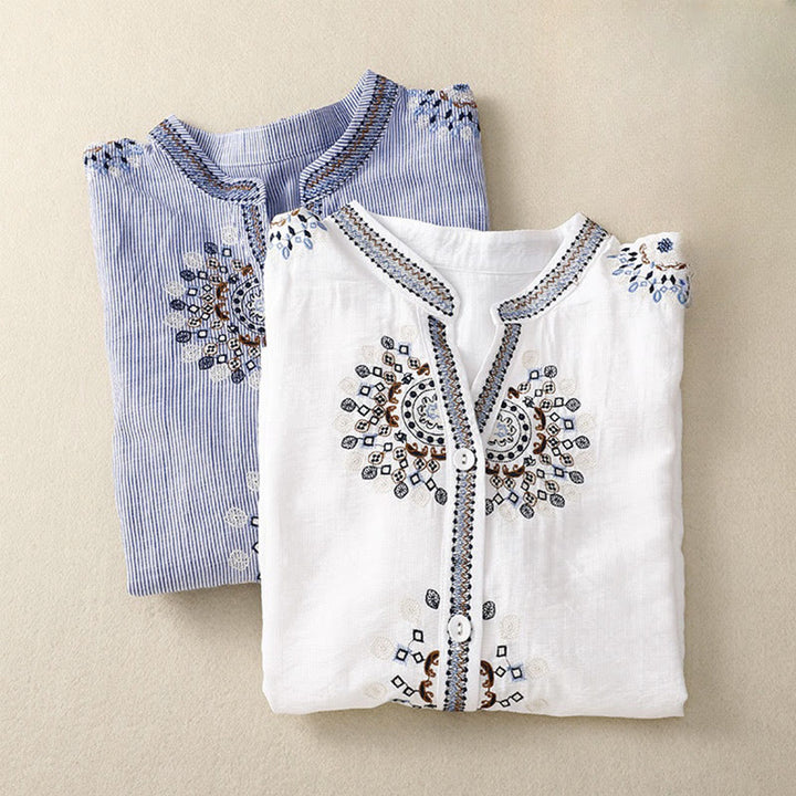Chemise décontractée en coton et lin à manches mi-longues et col en V pour femme avec broderies de fleurs style bohème et Buddha Stones - image 10