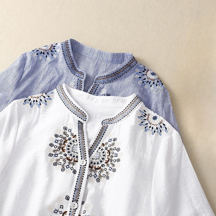 Chemise décontractée en coton et lin à manches mi-longues et col en V pour femme avec broderies de fleurs style bohème et Buddha Stones - image 9