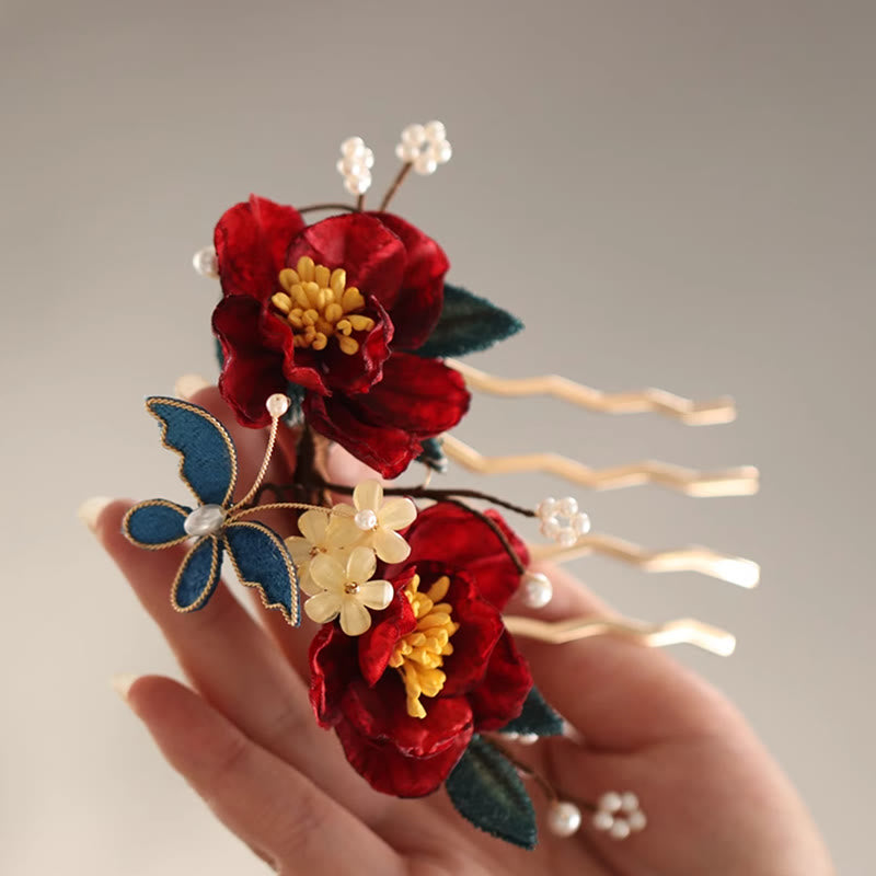 Pince à cheveux papillon camélia rouge de style chinois en Buddha Stones peigne à cheveux épingle à cheveux accessoire de barrette