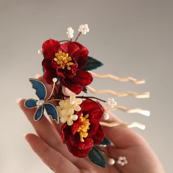 Pince à cheveux papillon camélia rouge de style chinois en Buddha Stones peigne à cheveux épingle à cheveux accessoire de barrette