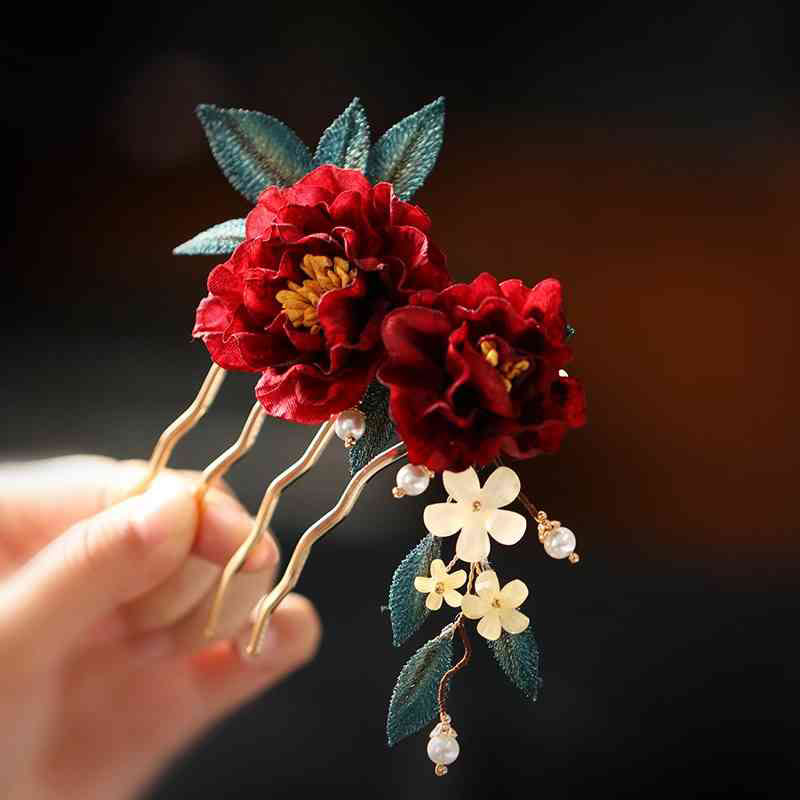 Pince à cheveux papillon camélia rouge de style chinois en Buddha Stones peigne à cheveux épingle à cheveux accessoire de barrette