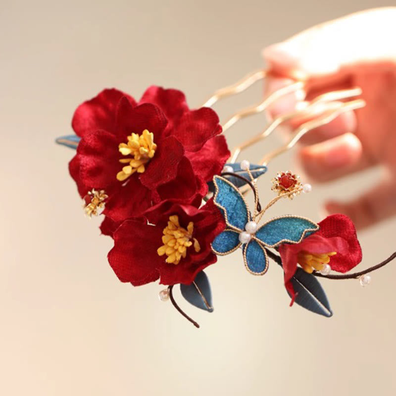 Pince à cheveux papillon camélia rouge de style chinois en Buddha Stones peigne à cheveux épingle à cheveux accessoire de barrette