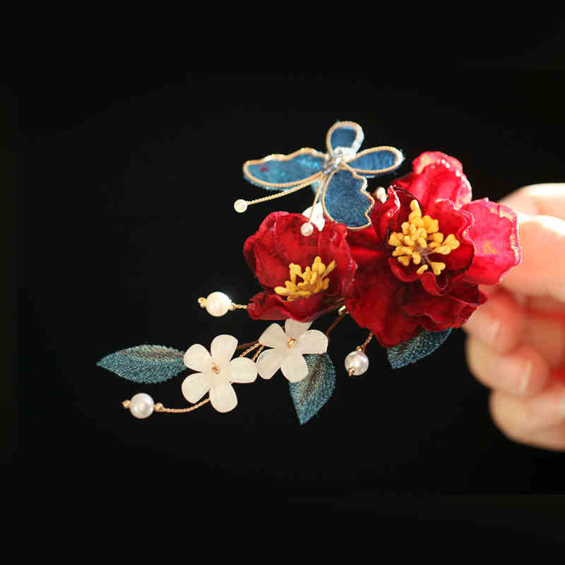 Pince à cheveux papillon camélia rouge de style chinois en Buddha Stones peigne à cheveux épingle à cheveux accessoire de barrette