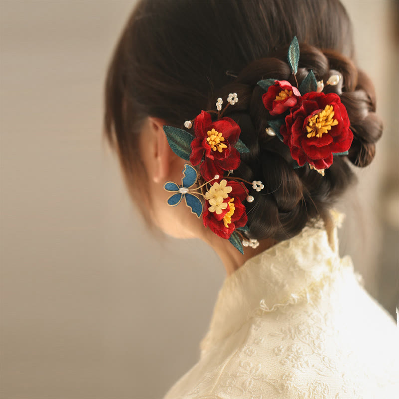 Pince à cheveux papillon camélia rouge de style chinois en Buddha Stones peigne à cheveux épingle à cheveux accessoire de barrette