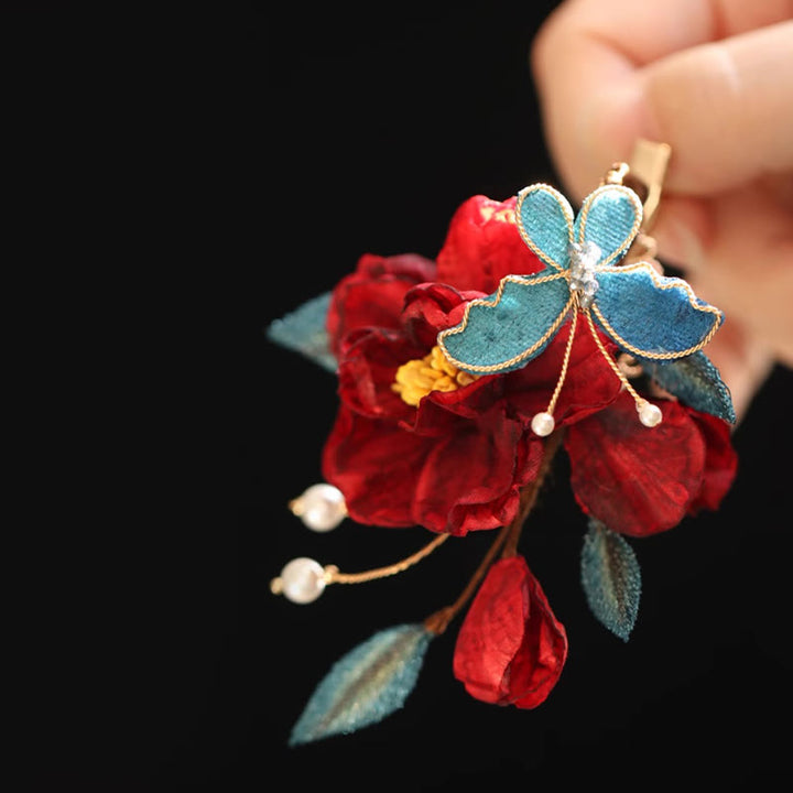 Pince à cheveux papillon camélia rouge de style chinois en Buddha Stones peigne à cheveux épingle à cheveux accessoire de barrette