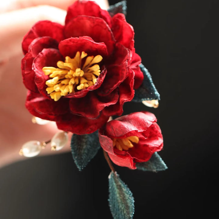 Pince à cheveux papillon camélia rouge de style chinois en Buddha Stones peigne à cheveux épingle à cheveux accessoire de barrette