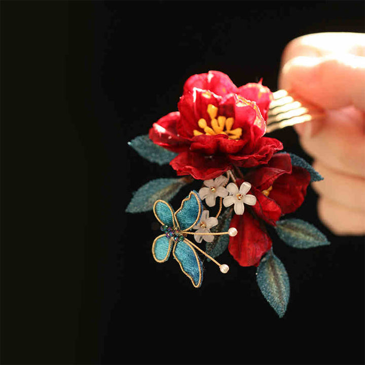 Pince à cheveux papillon camélia rouge de style chinois en Buddha Stones peigne à cheveux épingle à cheveux accessoire de barrette