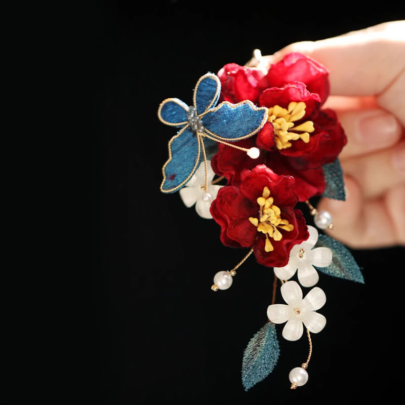 Pince à cheveux papillon camélia rouge de style chinois en Buddha Stones peigne à cheveux épingle à cheveux accessoire de barrette