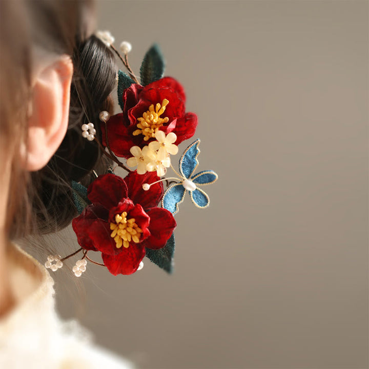 Pince à cheveux papillon camélia rouge de style chinois en Buddha Stones peigne à cheveux épingle à cheveux accessoire de barrette