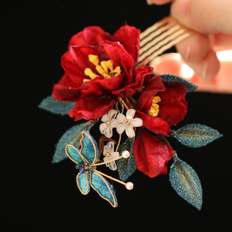 Pince à cheveux papillon camélia rouge de style chinois en Buddha Stones peigne à cheveux épingle à cheveux accessoire de barrette