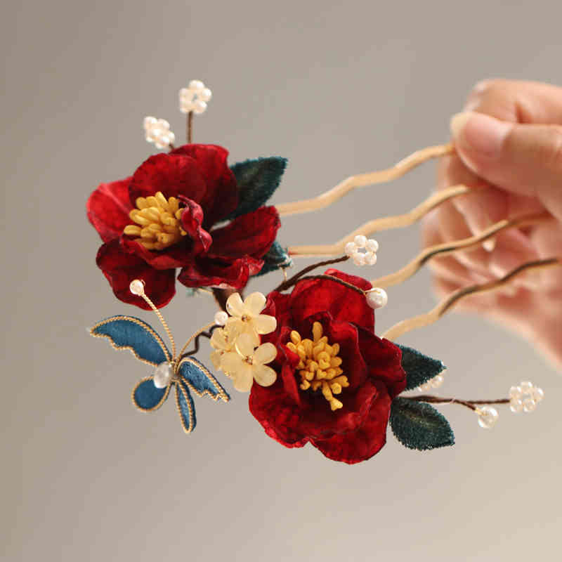 Pince à cheveux papillon camélia rouge de style chinois en Buddha Stones peigne à cheveux épingle à cheveux accessoire de barrette