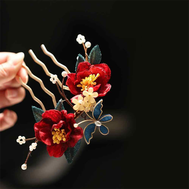 Pince à cheveux papillon camélia rouge de style chinois en Buddha Stones peigne à cheveux épingle à cheveux accessoire de barrette