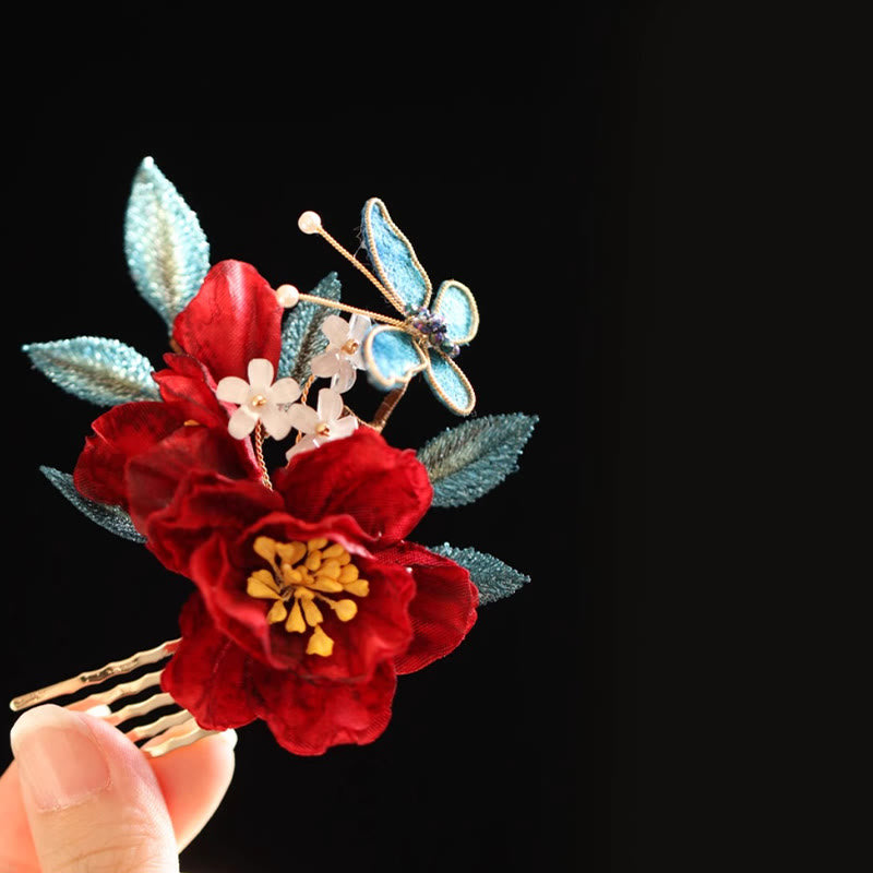 Pince à cheveux papillon camélia rouge de style chinois en Buddha Stones peigne à cheveux épingle à cheveux accessoire de barrette