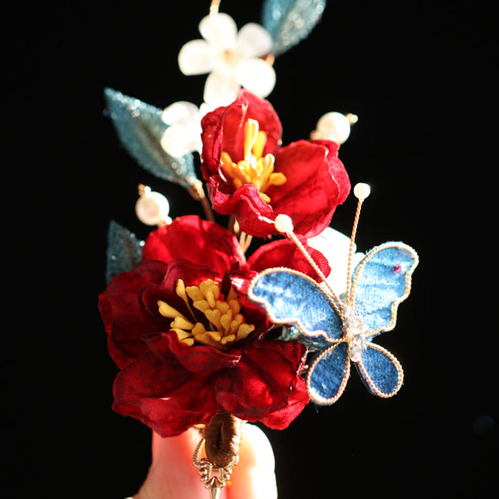 Pince à cheveux papillon camélia rouge de style chinois en Buddha Stones peigne à cheveux épingle à cheveux accessoire de barrette