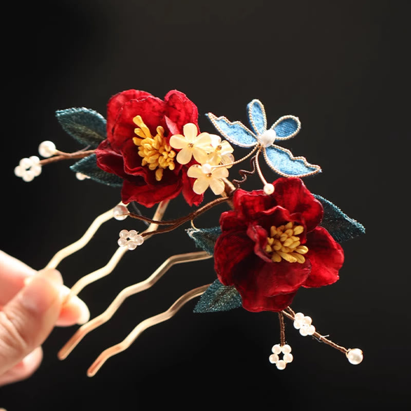 Pince à cheveux papillon camélia rouge de style chinois en Buddha Stones peigne à cheveux épingle à cheveux accessoire de barrette