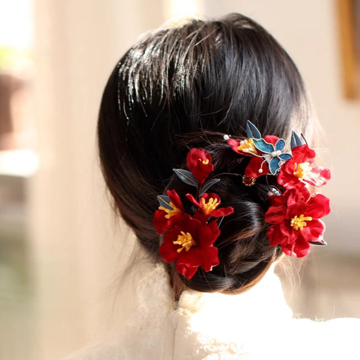 Peigne à cheveux papillon fleur rouge mariage chinois Buddha Stones épingle à cheveux barrette