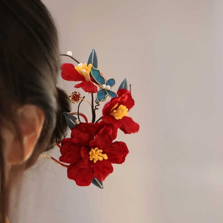 Peigne à cheveux papillon fleur rouge mariage chinois Buddha Stones épingle à cheveux barrette