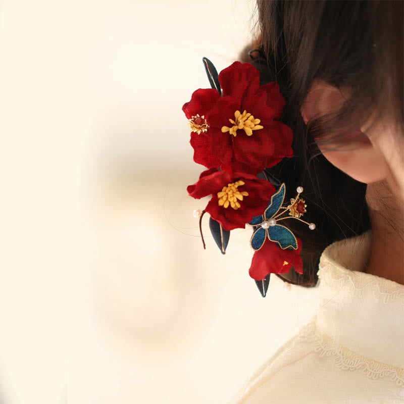 Peigne à cheveux papillon fleur rouge mariage chinois Buddha Stones épingle à cheveux barrette