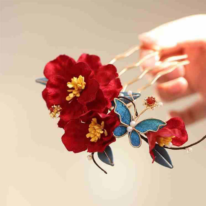 Peigne à cheveux papillon fleur rouge mariage chinois Buddha Stones épingle à cheveux barrette