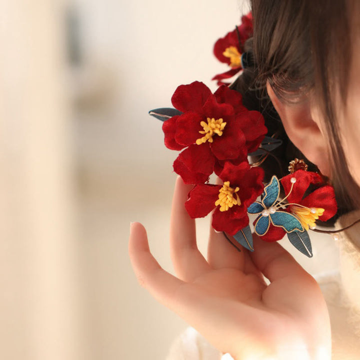Peigne à cheveux papillon fleur rouge mariage chinois Buddha Stones épingle à cheveux barrette