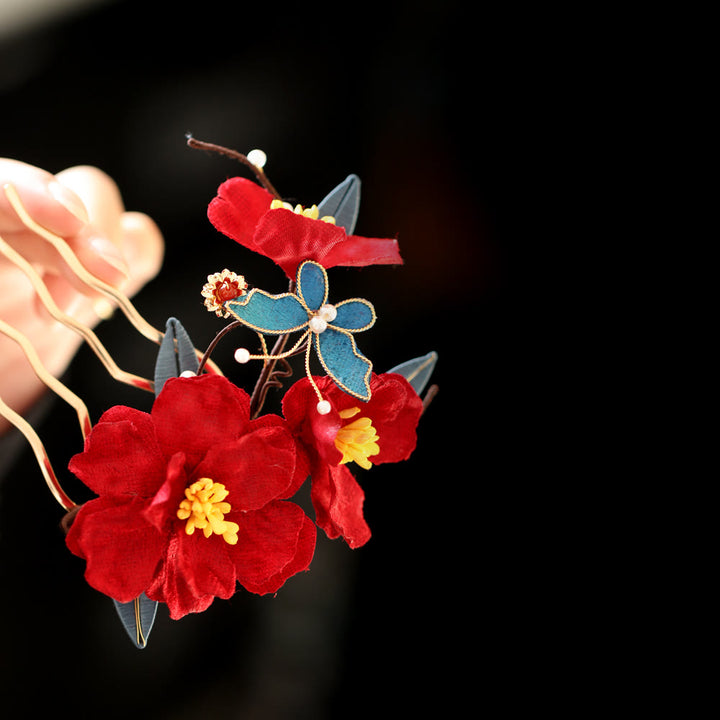 Peigne à cheveux papillon fleur rouge mariage chinois Buddha Stones épingle à cheveux barrette