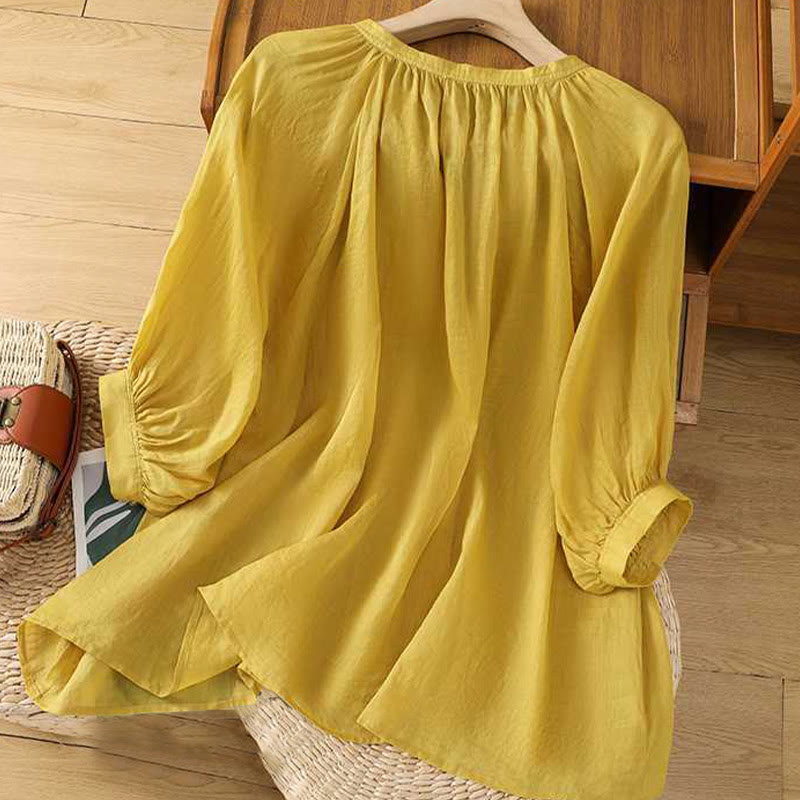 Chemise décontractée en coton et lin à manches trois-quarts et à plusieurs boutons pour femme avec col en V et rangée simple de Buddha Stones - image 1