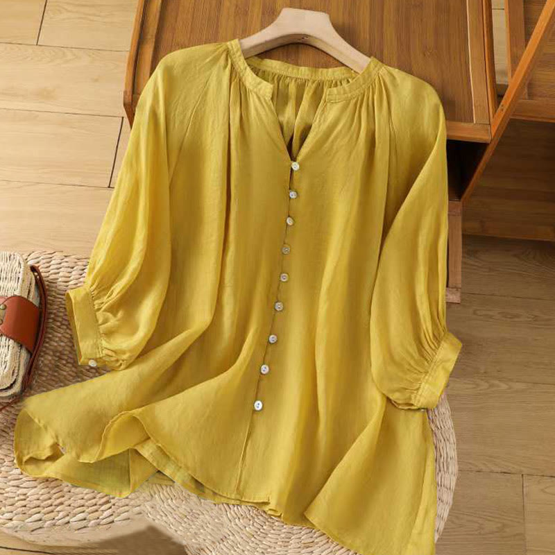 Chemise décontractée en coton et lin à manches trois-quarts et à plusieurs boutons pour femme avec col en V et rangée simple de Buddha Stones - Or - US12，UK/AU16，EU44 (2XL) - image 0
