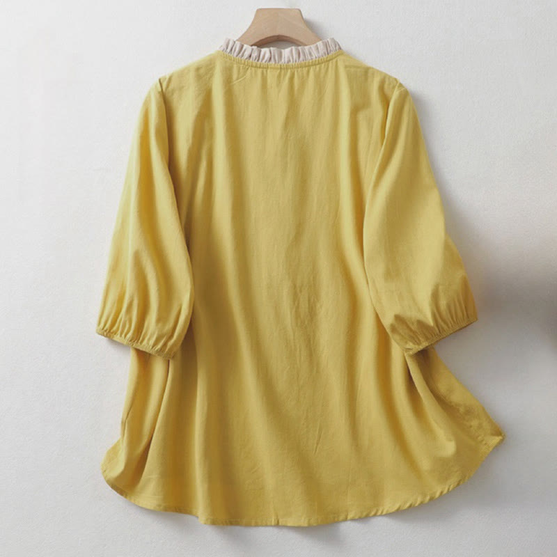 Chemise décontractée en coton et lin à manches mi-longues et col à volants pour femme avec boutons grenouille et Buddha Stones