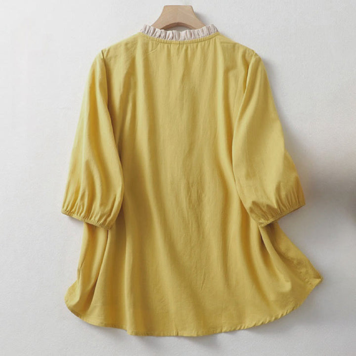Chemise décontractée en coton et lin à manches mi-longues et col à volants pour femme avec boutons grenouille et Buddha Stones