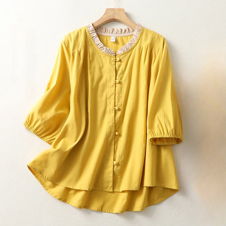 Chemise décontractée en coton et lin à manches mi-longues et col à volants pour femme avec boutons grenouille et Buddha Stones