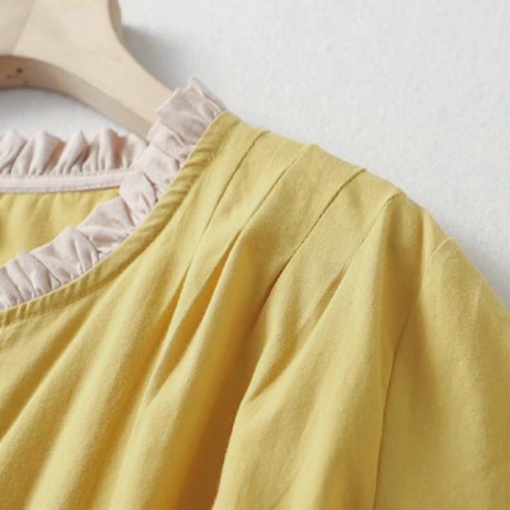 Chemise décontractée en coton et lin à manches mi-longues et col à volants pour femme avec boutons grenouille et Buddha Stones