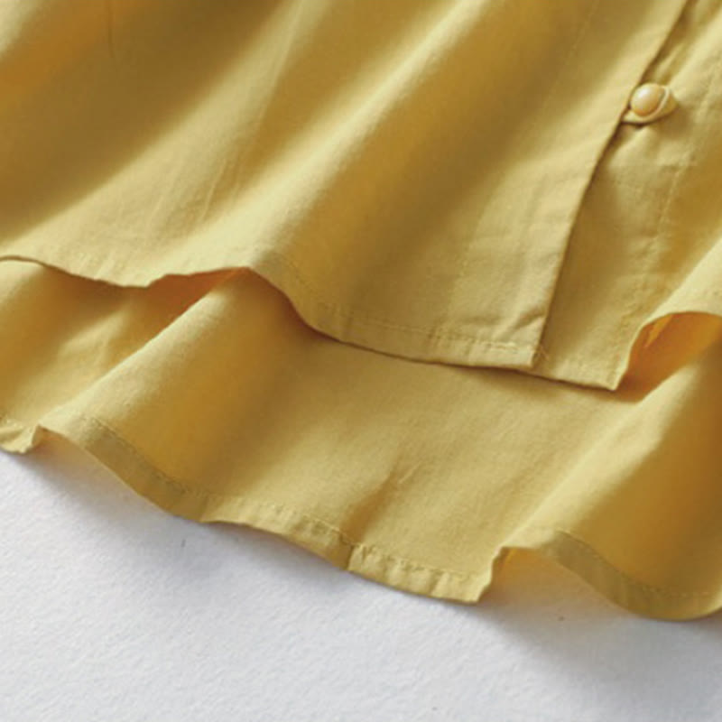 Chemise décontractée en coton et lin à manches mi-longues et col à volants pour femme avec boutons grenouille et Buddha Stones