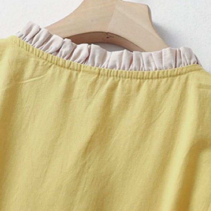 Chemise décontractée en coton et lin à manches mi-longues et col à volants pour femme avec boutons grenouille et Buddha Stones