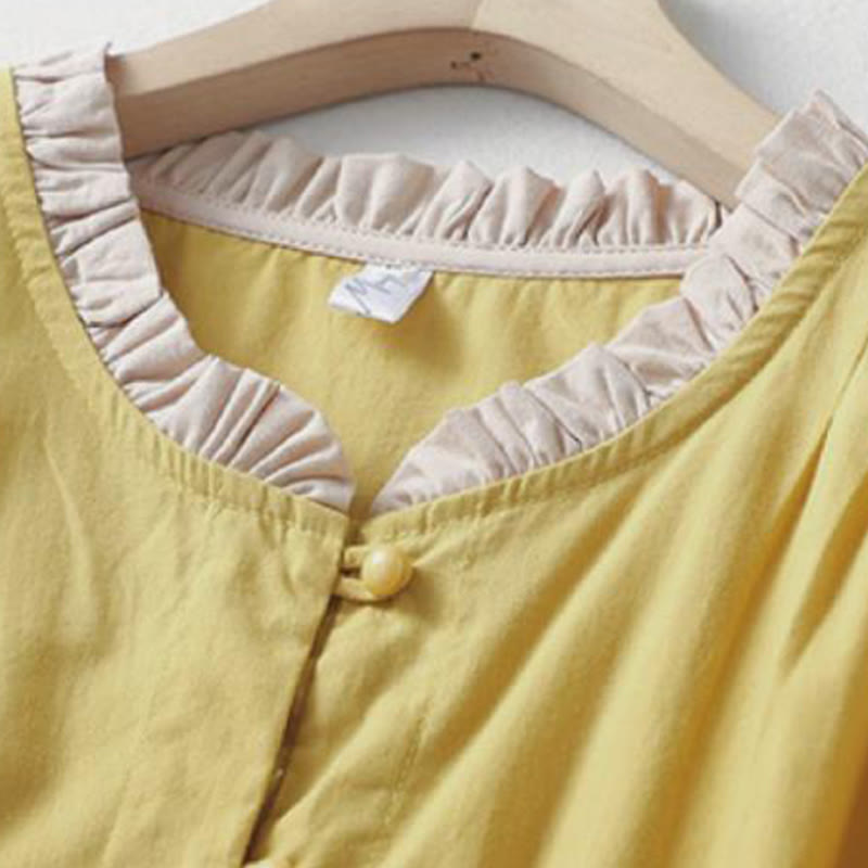 Chemise décontractée en coton et lin à manches mi-longues et col à volants pour femme avec boutons grenouille et Buddha Stones