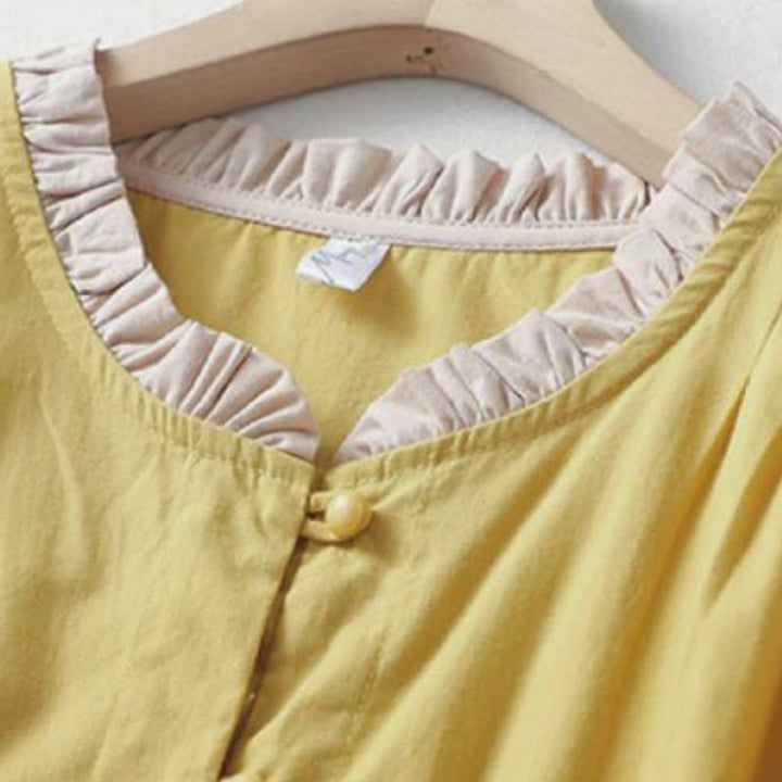 Chemise décontractée en coton et lin à manches mi-longues et col à volants pour femme avec boutons grenouille et Buddha Stones
