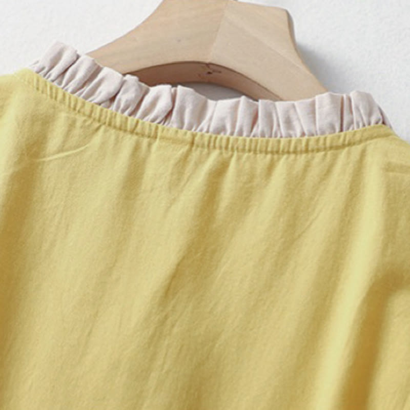 Chemise décontractée en coton et lin à manches mi-longues et col à volants pour femme avec boutons grenouille et Buddha Stones - image 3