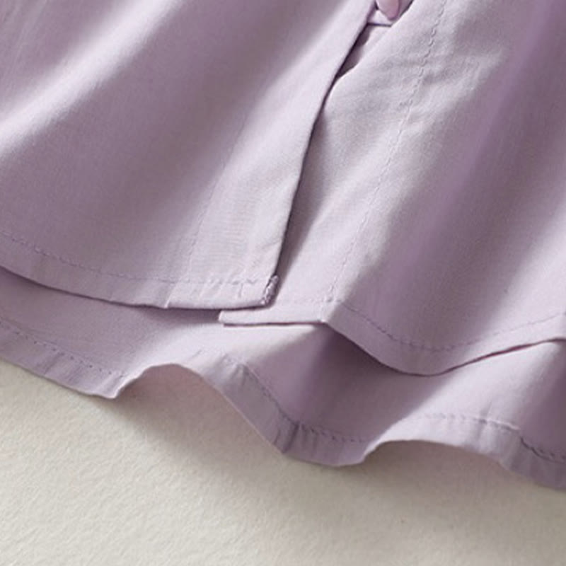 Chemise décontractée en coton et lin à manches mi-longues et col à volants pour femme avec boutons grenouille et Buddha Stones
