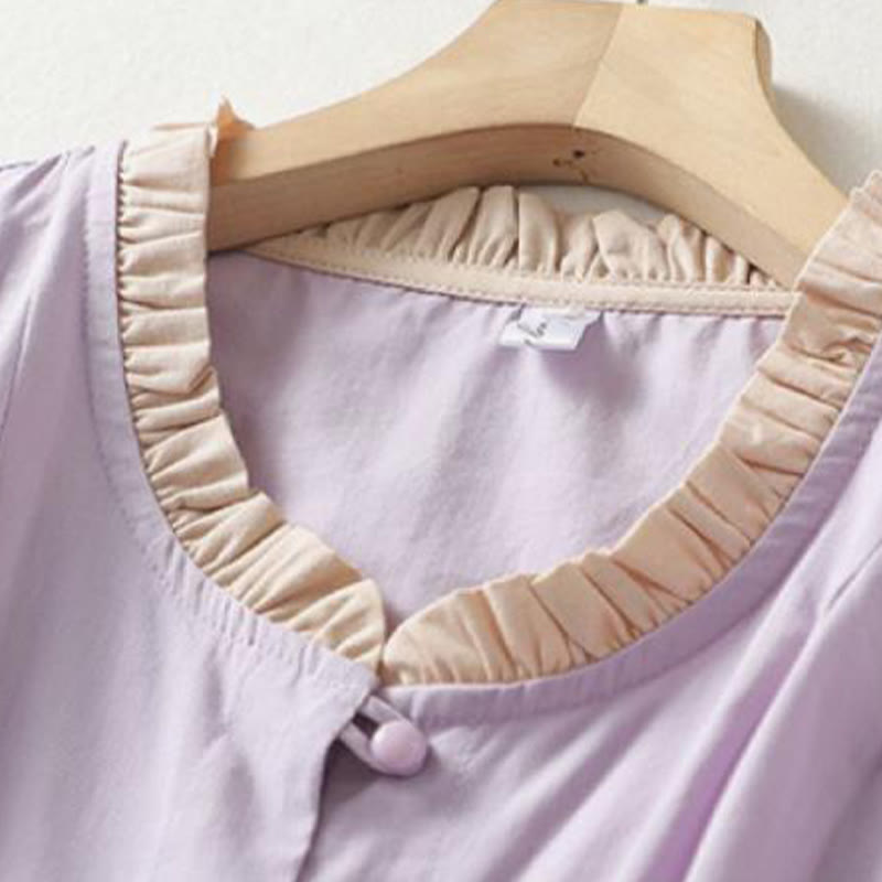 Chemise décontractée en coton et lin à manches mi-longues et col à volants pour femme avec boutons grenouille et Buddha Stones