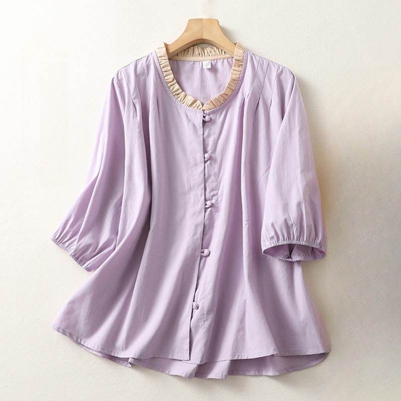 Chemise décontractée en coton et lin à manches mi-longues et col à volants pour femme avec boutons grenouille et Buddha Stones