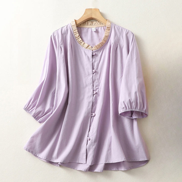 Chemise décontractée en coton et lin à manches mi-longues et col à volants pour femme avec boutons grenouille et Buddha Stones