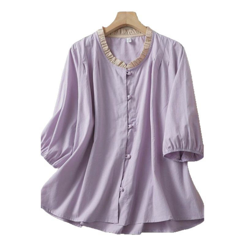 Chemise décontractée en coton et lin à manches mi-longues et col à volants pour femme avec boutons grenouille et Buddha Stones