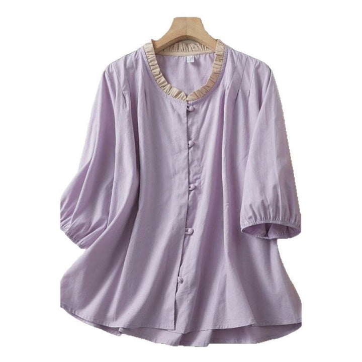 Chemise décontractée en coton et lin à manches mi-longues et col à volants pour femme avec boutons grenouille et Buddha Stones