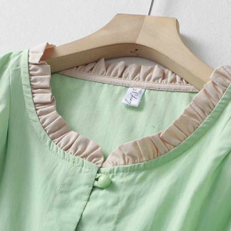 Chemise décontractée en coton et lin à manches mi-longues et col à volants pour femme avec boutons grenouille et Buddha Stones