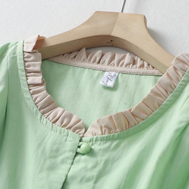 Chemise décontractée en coton et lin à manches mi-longues et col à volants pour femme avec boutons grenouille et Buddha Stones