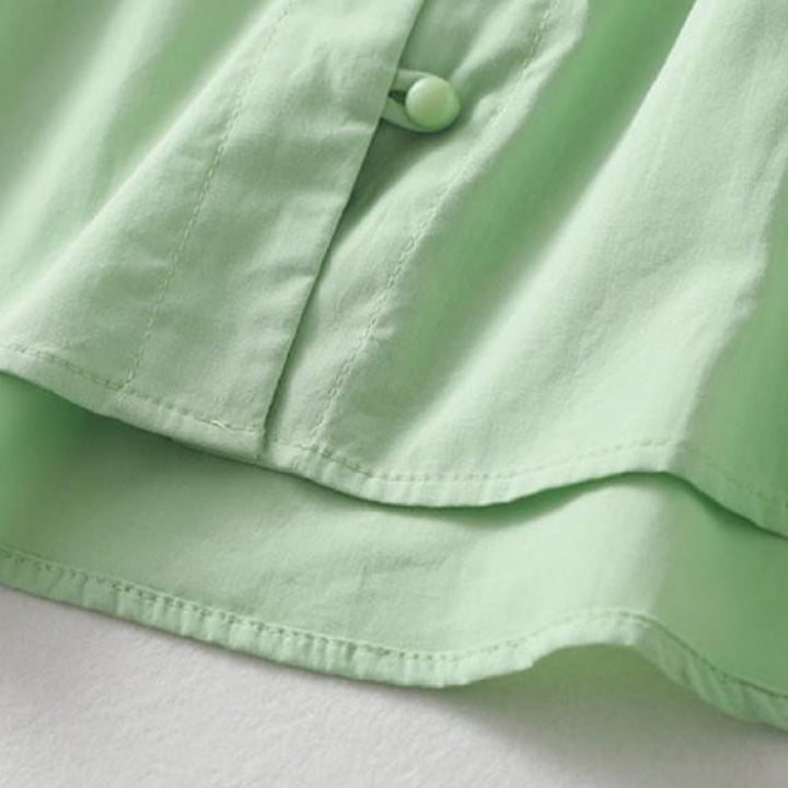 Chemise décontractée en coton et lin à manches mi-longues et col à volants pour femme avec boutons grenouille et Buddha Stones