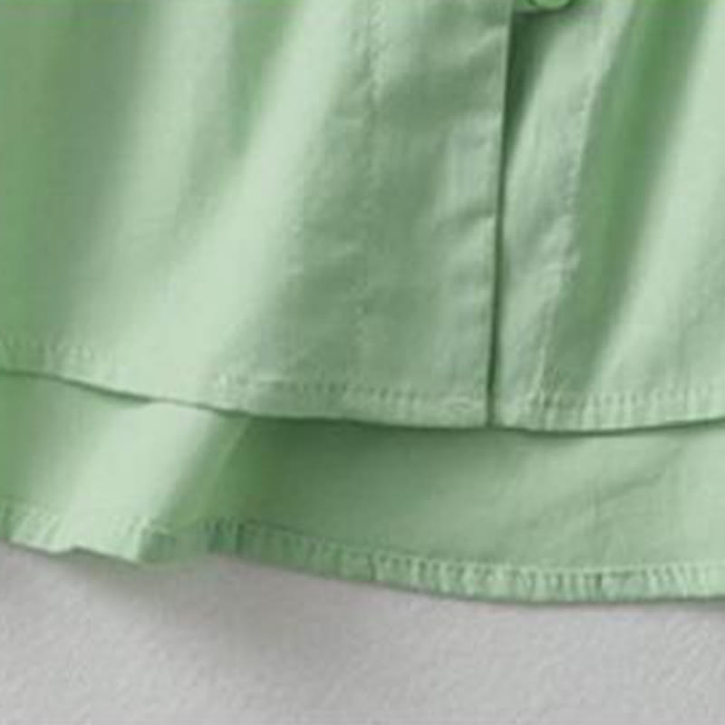 Chemise décontractée en coton et lin à manches mi-longues et col à volants pour femme avec boutons grenouille et Buddha Stones