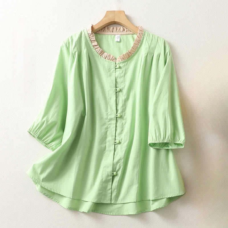 Chemise décontractée en coton et lin à manches mi-longues et col à volants pour femme avec boutons grenouille et Buddha Stones