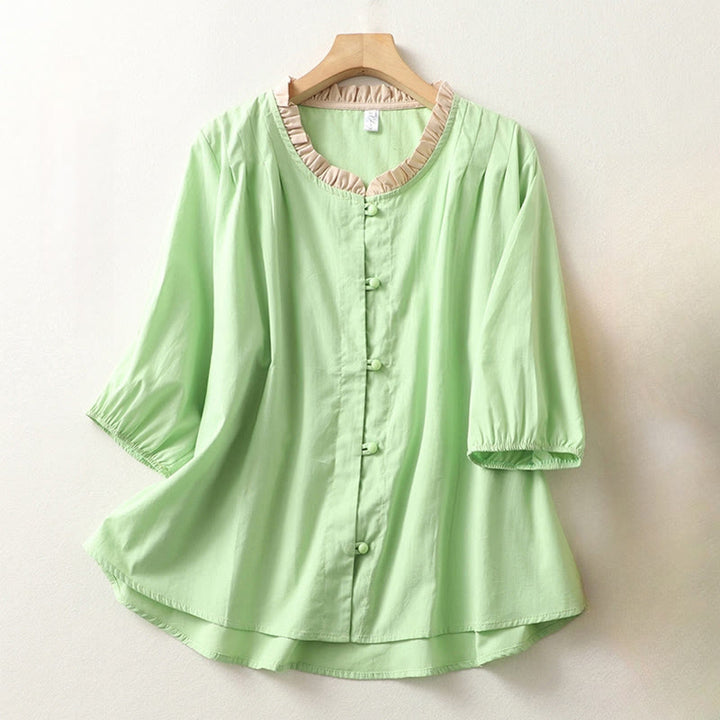 Chemise décontractée en coton et lin à manches mi-longues et col à volants pour femme avec boutons grenouille et Buddha Stones