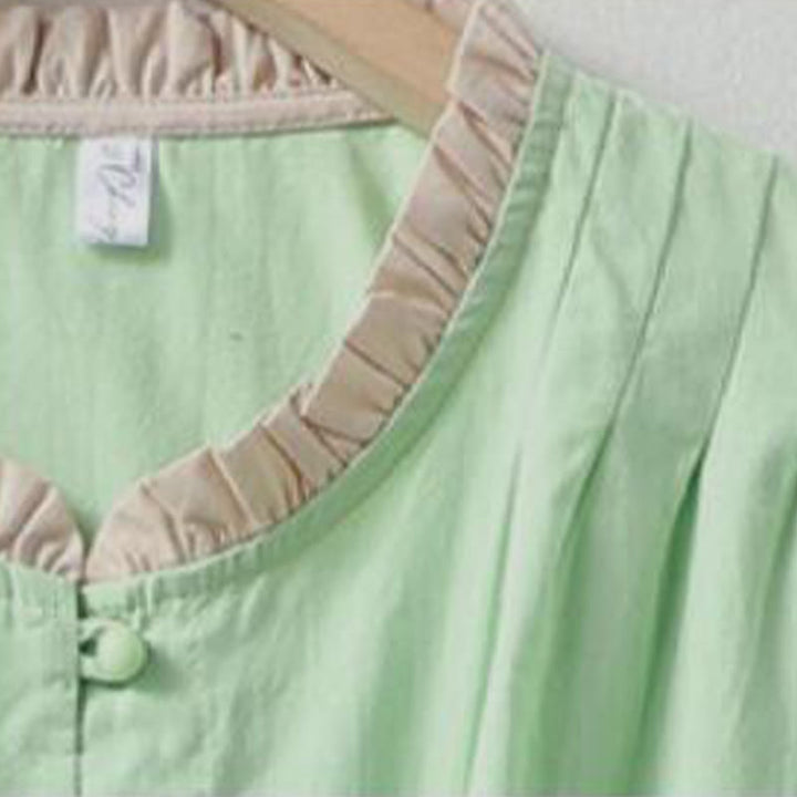 Chemise décontractée en coton et lin à manches mi-longues et col à volants pour femme avec boutons grenouille et Buddha Stones