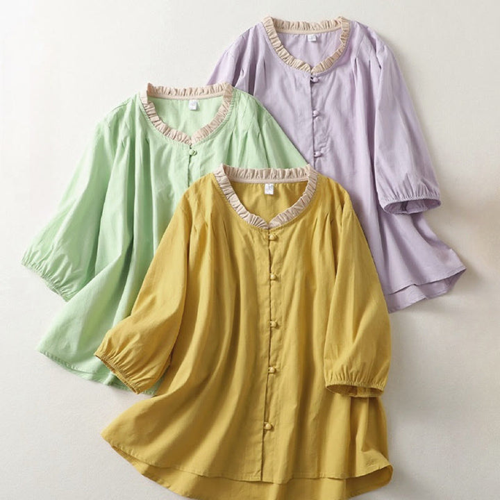 Chemise décontractée en coton et lin à manches mi-longues et col à volants pour femme avec boutons grenouille et Buddha Stones